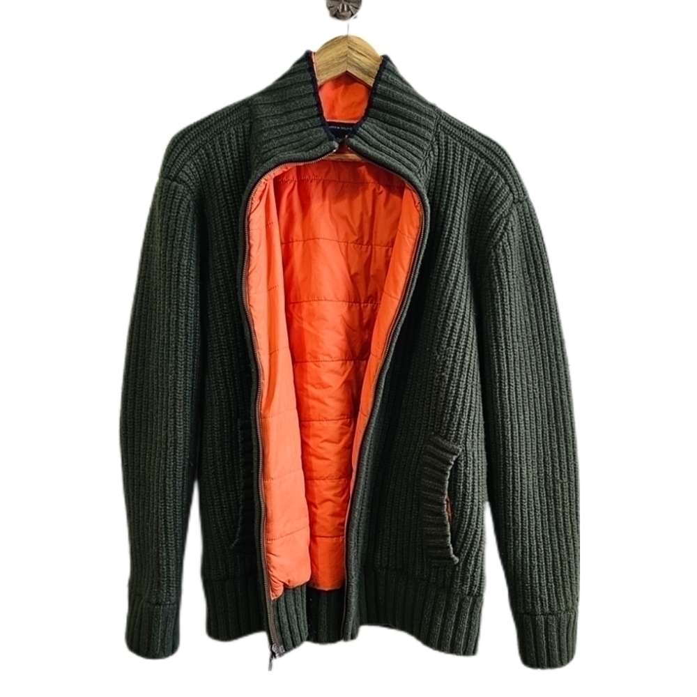 Tommy Hilfiger Green wool chunky knit lined zip Heavy Jacket Coat